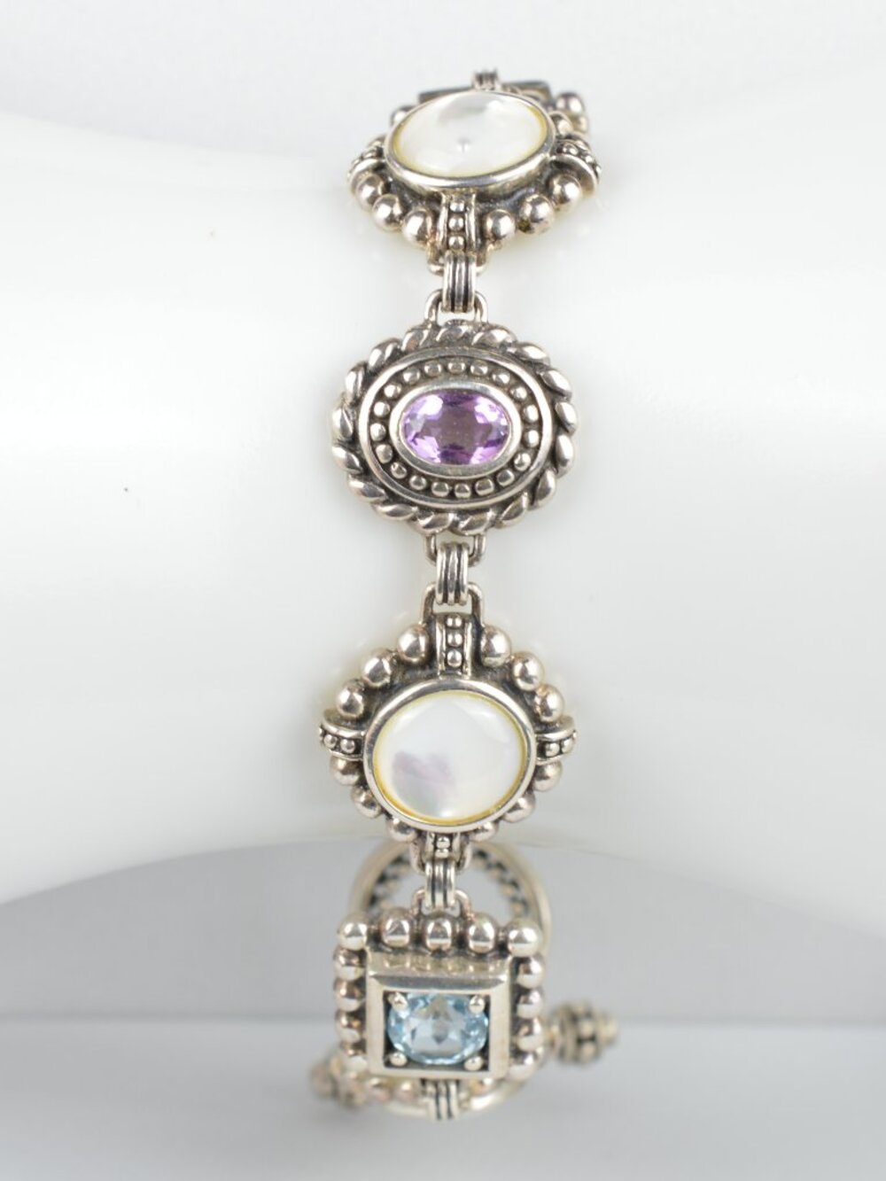 Ross-Simons Bali Artisan Sterling Silver Multi-Gemstone Link Toggle Bracelet